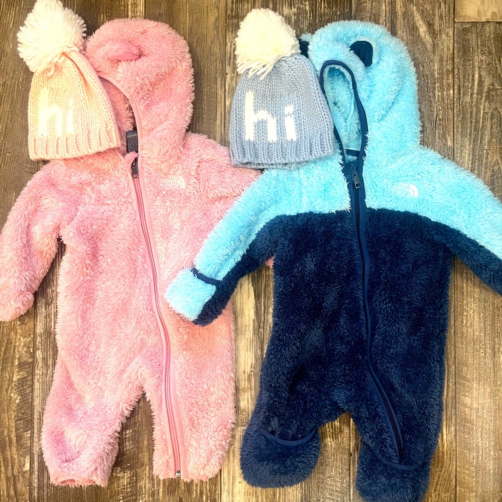 North Face Baby Bear snowsuits for twins
